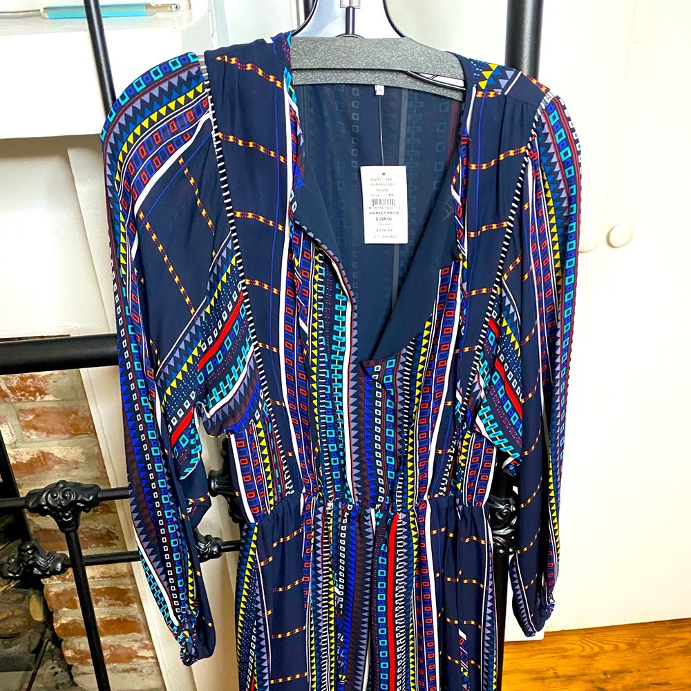 Parker navy, patterned long sleeve short dress